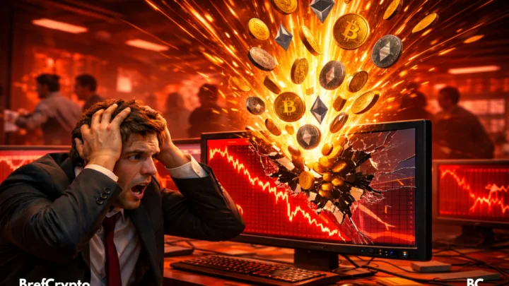 Trader paniqué devant une chute crypto et des pièces s’échappant d’un écran.