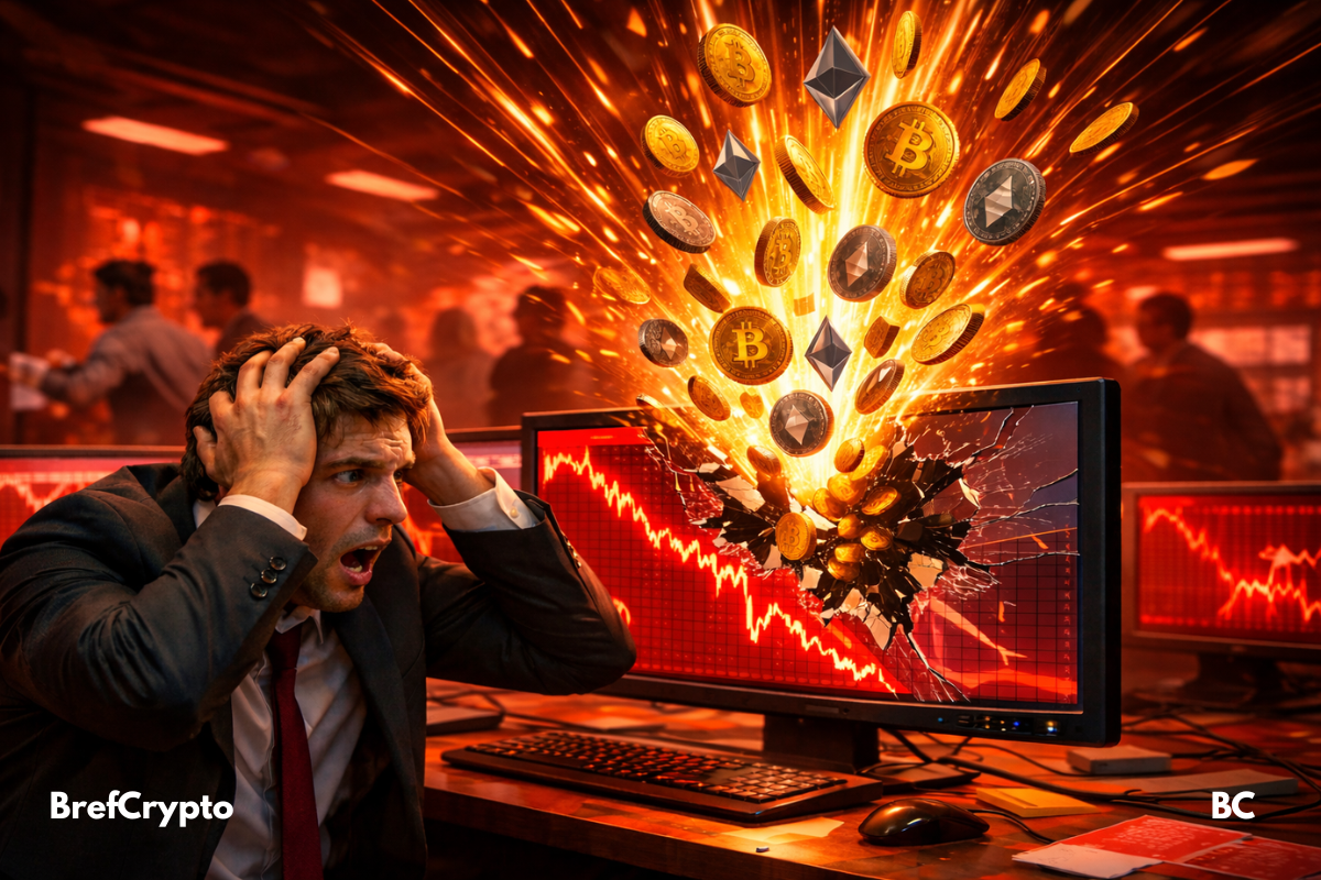 Trader paniqué devant une chute crypto et des pièces s’échappant d’un écran.