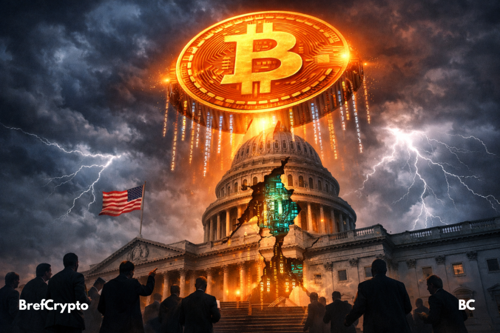 Crypto : Capitole américain fissuré, illuminé par un gigantesque jeton Bitcoin suspendu au-dessus, projetant une lumière orange. Des chaînes numériques descendent du jeton vers le bâtiment, tandis que des silhouettes de sénateurs observent la scène sous un ciel orageux.