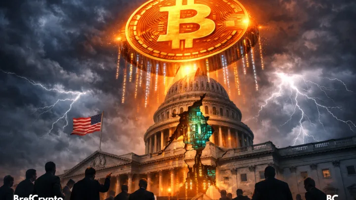 Crypto : Capitole américain fissuré, illuminé par un gigantesque jeton Bitcoin suspendu au-dessus, projetant une lumière orange. Des chaînes numériques descendent du jeton vers le bâtiment, tandis que des silhouettes de sénateurs observent la scène sous un ciel orageux.
