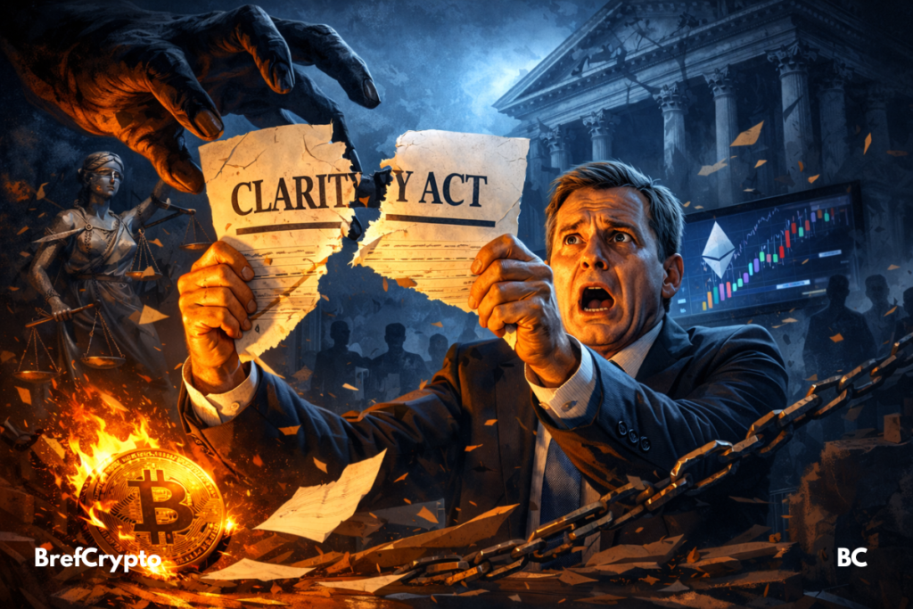 un homme en costume tenant un document déchiré marqué "Clarity Act", avec une main sombre le déchirant, un Bitcoin en feu à gauche et un écran montrant des graphiques crypto en arrière-plan, évoquant la menace sur une loi crypto attendue.