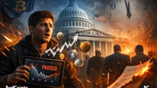 Jeune homme inquiet tenant une tablette affichant un graphique crypto marqué "PAUSED", devant le Capitole américain sous une lumière dramatique.