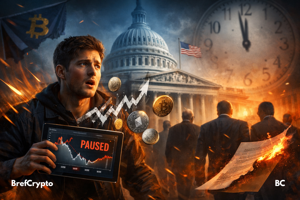 Jeune homme inquiet tenant une tablette affichant un graphique crypto marqué "PAUSED", devant le Capitole américain sous une lumière dramatique.