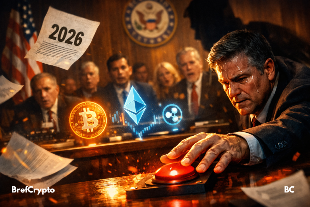 Sénateur en sueur sur le point d’appuyer sur un bouton rouge, entouré de collègues tendus, avec des hologrammes de cryptos dont Bitcoin, Ethereum et Ripple flottant au-dessus de documents volants, dans une salle du Sénat américain.