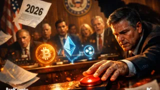 Sénateur en sueur sur le point d’appuyer sur un bouton rouge, entouré de collègues tendus, avec des hologrammes de cryptos dont Bitcoin, Ethereum et Ripple flottant au-dessus de documents volants, dans une salle du Sénat américain.