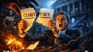 un homme en costume tenant un document déchiré marqué "Clarity Act", avec une main sombre le déchirant, un Bitcoin en feu à gauche et un écran montrant des graphiques crypto en arrière-plan, évoquant la menace sur une loi crypto attendue.