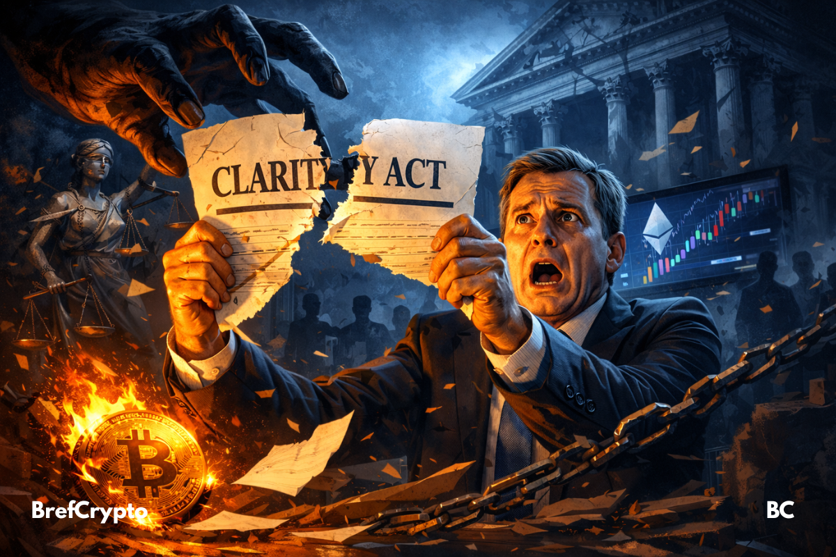 un homme en costume tenant un document déchiré marqué "Clarity Act", avec une main sombre le déchirant, un Bitcoin en feu à gauche et un écran montrant des graphiques crypto en arrière-plan, évoquant la menace sur une loi crypto attendue.