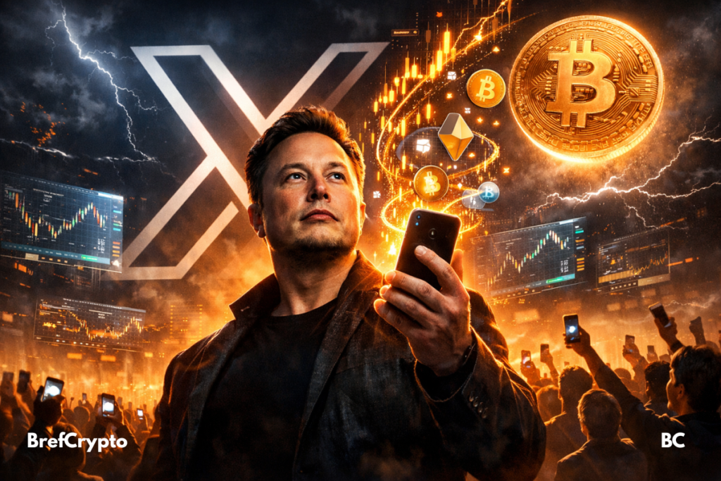 Elon Musk tenant un smartphone, symboles bitcoin, crypto et logo X en fond.
