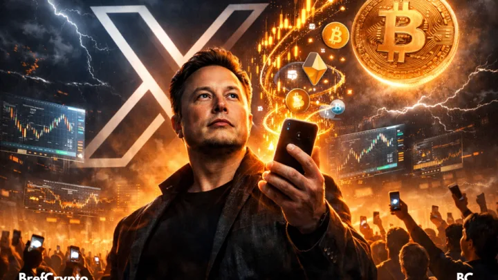 Elon Musk tenant un smartphone, symboles bitcoin, crypto et logo X en fond.