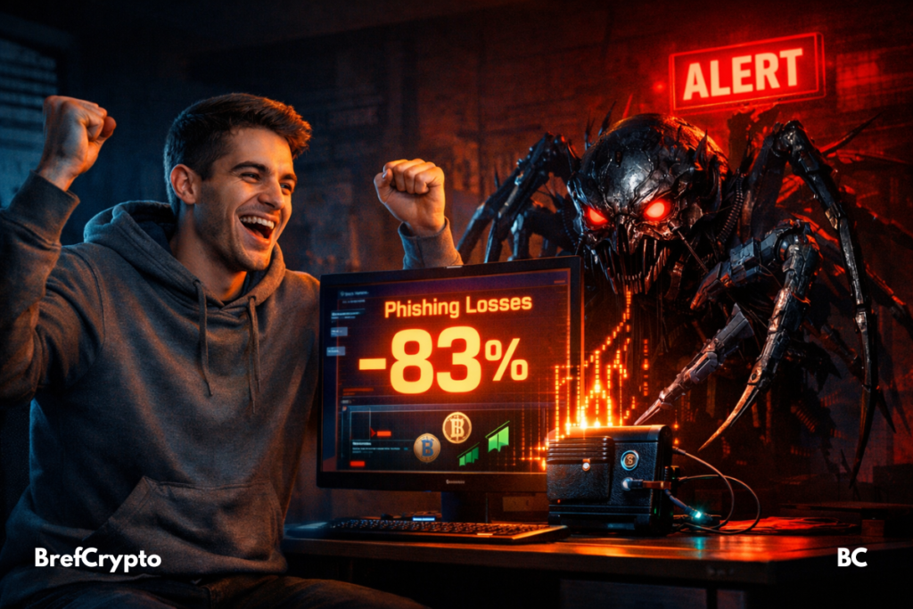 Un homme célèbre une victoire crypto, ignorant un drainer cybernétique menaçant son wallet derrière lui, alerte rouge activée.