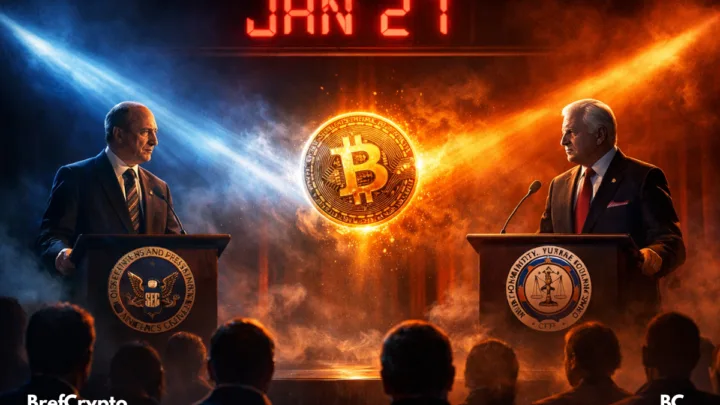 Deux représentants officiels de la SEC et de la CFTC se tiennent derrière des pupitres opposés sur une scène enfumée, un jeton Bitcoin lumineux suspendu entre eux.