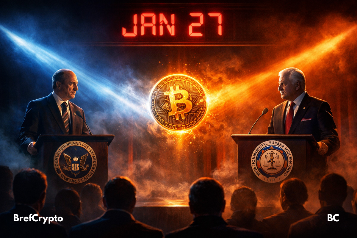 Deux représentants officiels de la SEC et de la CFTC se tiennent derrière des pupitres opposés sur une scène enfumée, un jeton Bitcoin lumineux suspendu entre eux.