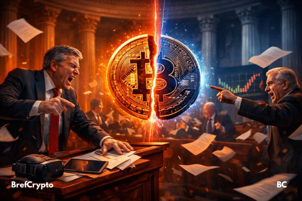 Deux sénateurs américains débattent violemment dans une salle du Capitole, pointant du doigt une pièce de Bitcoin géante et fracturée, illuminée par une lumière rouge et bleue symbolisant la division politique. Des papiers volent dans l’air, des graphiques de crypto s’affichent à l’arrière-plan, et un casque de réalité virtuelle repose sur un pupitre en bois, ajoutant une touche technologique inattendue à la scène classique.