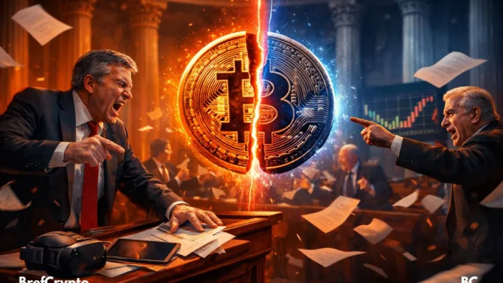 Deux sénateurs américains débattent violemment dans une salle du Capitole, pointant du doigt une pièce de Bitcoin géante et fracturée, illuminée par une lumière rouge et bleue symbolisant la division politique. Des papiers volent dans l’air, des graphiques de crypto s’affichent à l’arrière-plan, et un casque de réalité virtuelle repose sur un pupitre en bois, ajoutant une touche technologique inattendue à la scène classique.