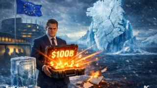 Un diplomate européen sérieux tient une valise blindée orange marquée "$100B" devant le Parlement Européen. À l’arrière-plan, un iceberg en forme du Groenland craque dans une mer agitée. Un drapeau de l’Union Européenne flotte sous une tempête, tandis qu’un billet géant est prisonnier de la glace et des documents brûlent au sol.