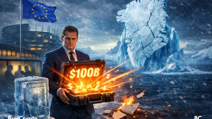 Un diplomate européen sérieux tient une valise blindée orange marquée "$100B" devant le Parlement Européen. À l’arrière-plan, un iceberg en forme du Groenland craque dans une mer agitée. Un drapeau de l’Union Européenne flotte sous une tempête, tandis qu’un billet géant est prisonnier de la glace et des documents brûlent au sol.