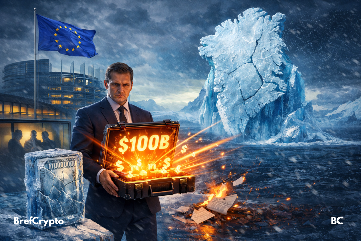 Un diplomate européen sérieux tient une valise blindée orange marquée "$100B" devant le Parlement Européen. À l’arrière-plan, un iceberg en forme du Groenland craque dans une mer agitée. Un drapeau de l’Union Européenne flotte sous une tempête, tandis qu’un billet géant est prisonnier de la glace et des documents brûlent au sol.