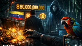 Illustration dramatique d’un bunker secret où un homme en costume fait face à des écrans affichant des logos Bitcoin, le drapeau du Venezuela et le chiffre “$60,000,000,000”