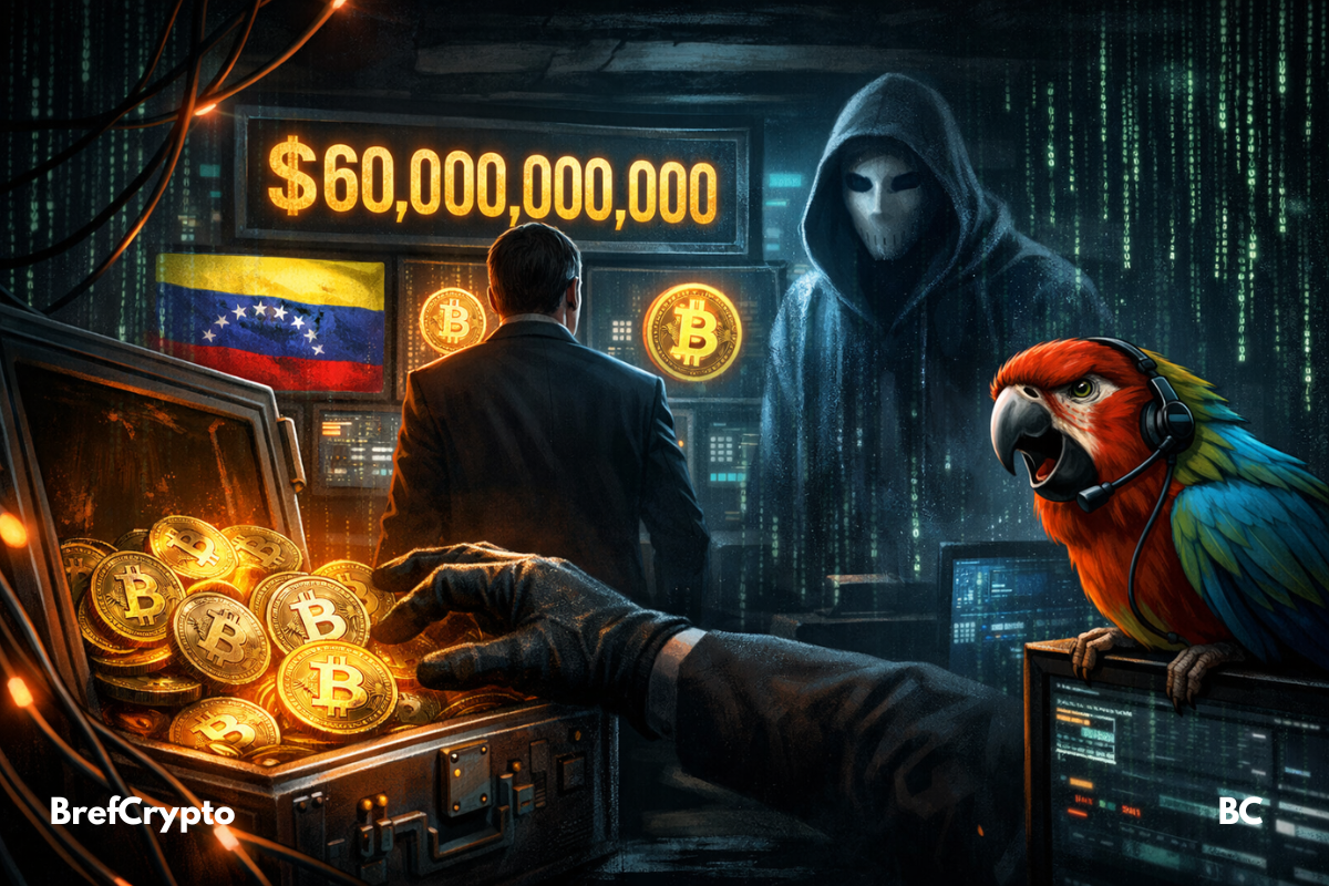 Illustration dramatique d’un bunker secret où un homme en costume fait face à des écrans affichant des logos Bitcoin, le drapeau du Venezuela et le chiffre “$60,000,000,000”