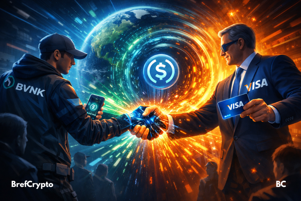 Deux hommes représentant Visa et BVNK se serrent la main avec énergie, un vortex numérique symbolisant les paiements en stablecoins tourbillonne entre eux, projetant des flux lumineux à travers une carte du monde en arrière-plan.