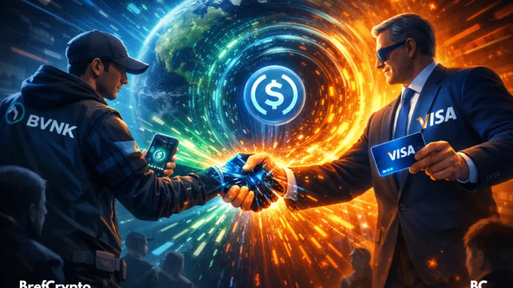 Deux hommes représentant Visa et BVNK se serrent la main avec énergie, un vortex numérique symbolisant les paiements en stablecoins tourbillonne entre eux, projetant des flux lumineux à travers une carte du monde en arrière-plan.