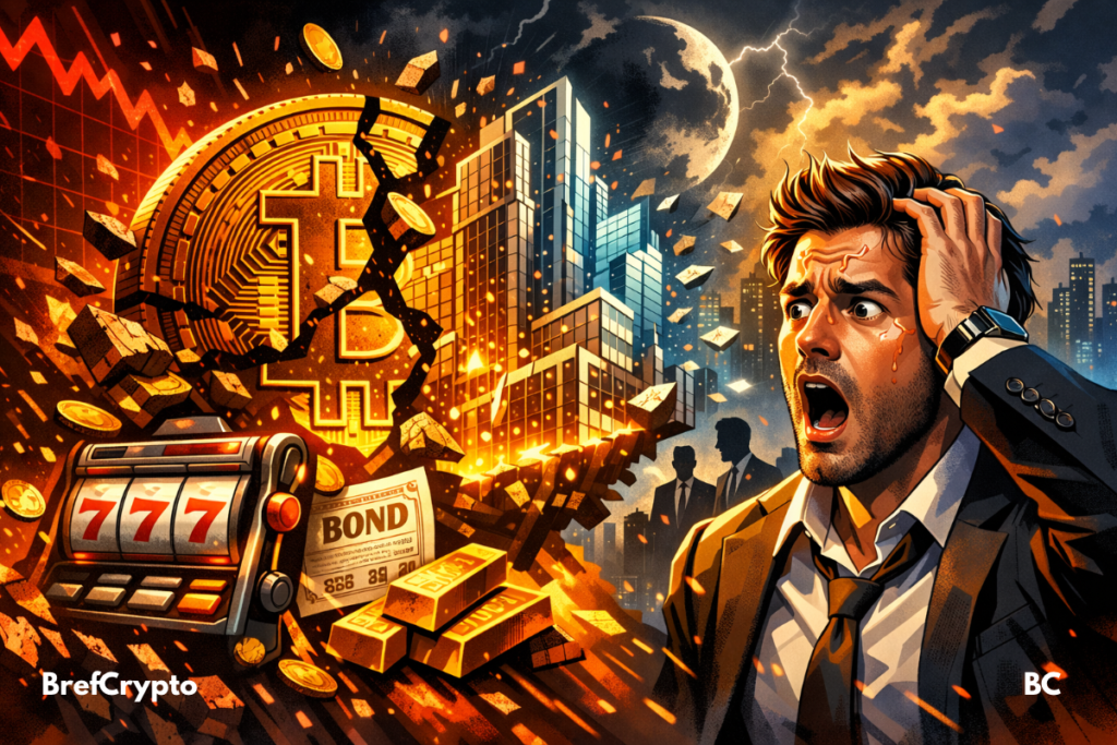 Bitcoin fissuré dans un marché crypto baissier, illustrant la fin de la spéculation et la montée de la tokenisation des actifs du monde réel.