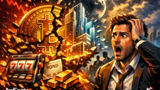 Bitcoin fissuré dans un marché crypto baissier, illustrant la fin de la spéculation et la montée de la tokenisation des actifs du monde réel.