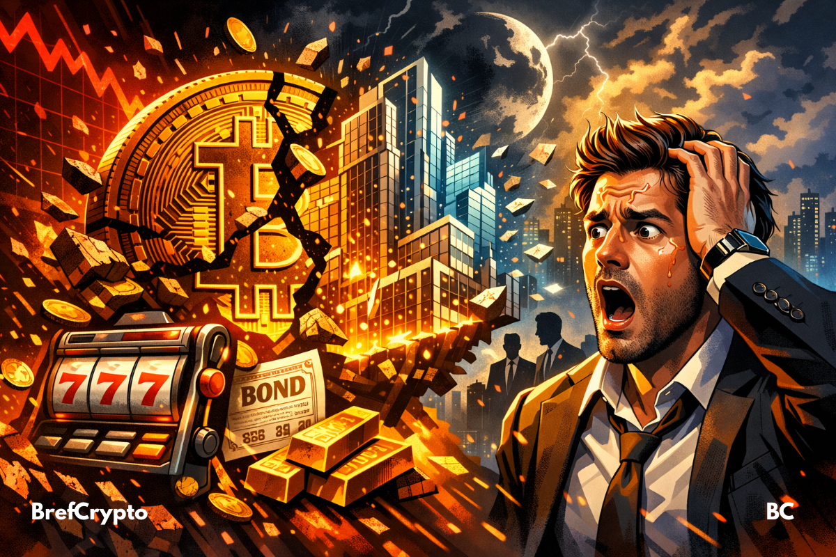 Bitcoin fissuré dans un marché crypto baissier, illustrant la fin de la spéculation et la montée de la tokenisation des actifs du monde réel.