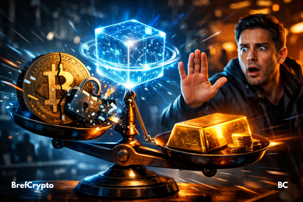 Balance inclinée, Bitcoin fissuré, or solide, menace quantique, analyste.