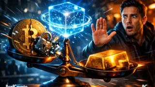 Balance inclinée, Bitcoin fissuré, or solide, menace quantique, analyste.