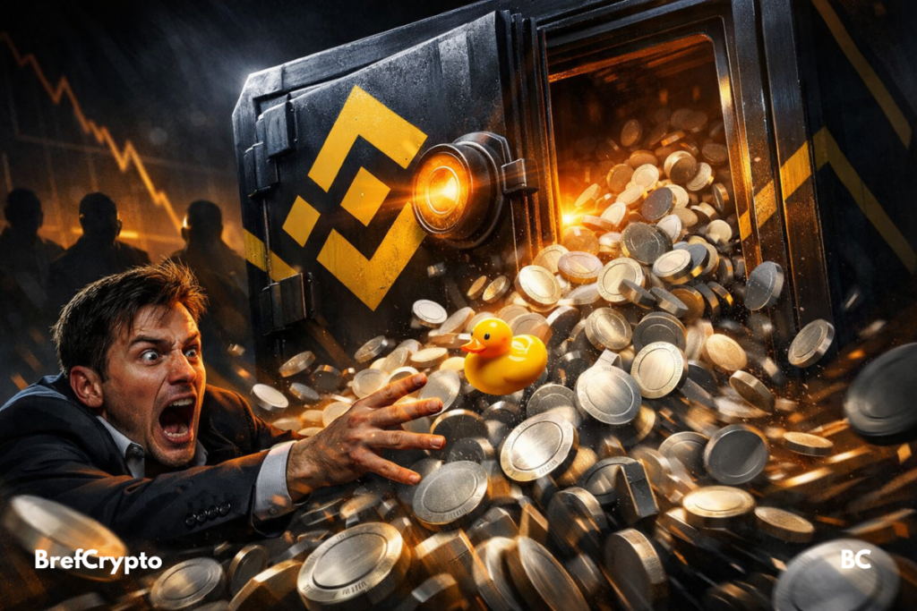 Réserves de stablecoins sur Binance en baisse de 19% depuis novembre Un coffre d’exchange déborde de stablecoins, un trader paniqué tente de les retenir, ambiance dramatique.