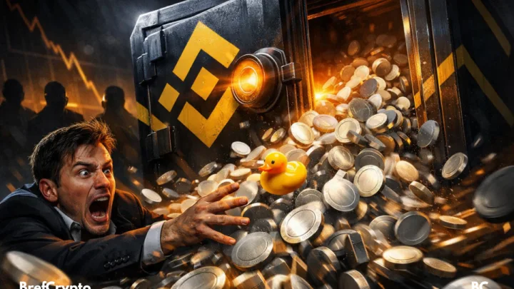 Un coffre d’exchange déborde de stablecoins, un trader paniqué tente de les retenir, ambiance dramatique.