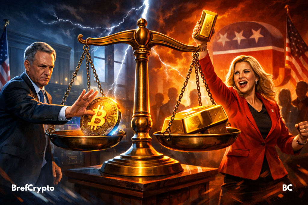 Un homme en costume repousse une pièce de Bitcoin