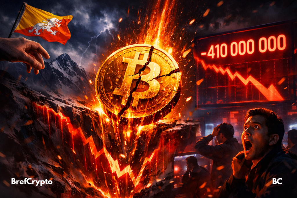 Bitcoin fissurée chutant avec graphique rouge et -410M en arrière-plan.