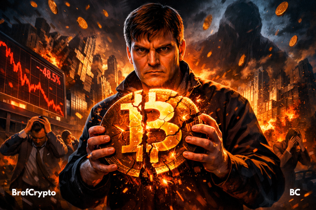 Homme sérieux tenant un Bitcoin brisé.