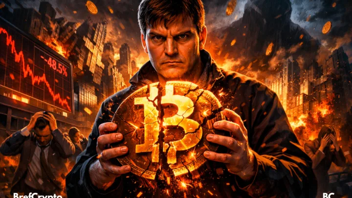 Homme sérieux tenant un Bitcoin brisé.