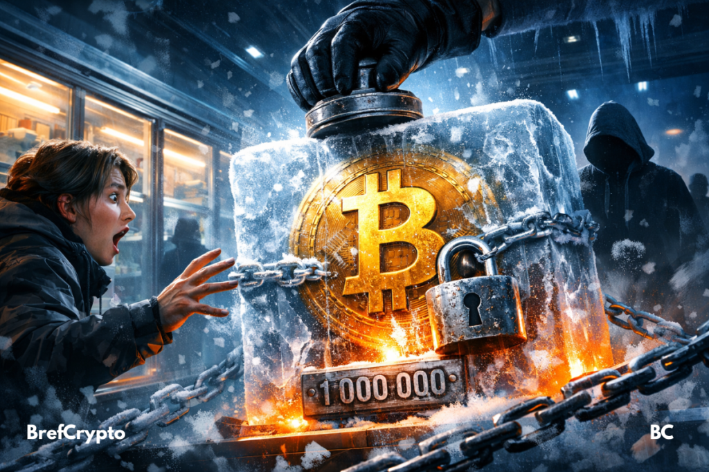 Bitcoin géant gelé, cadenas, silhouettes tendues.