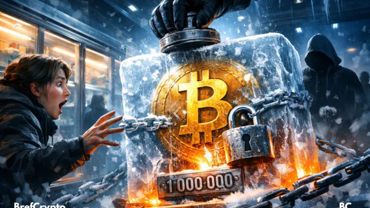 Bitcoin géant gelé, cadenas, silhouettes tendues.