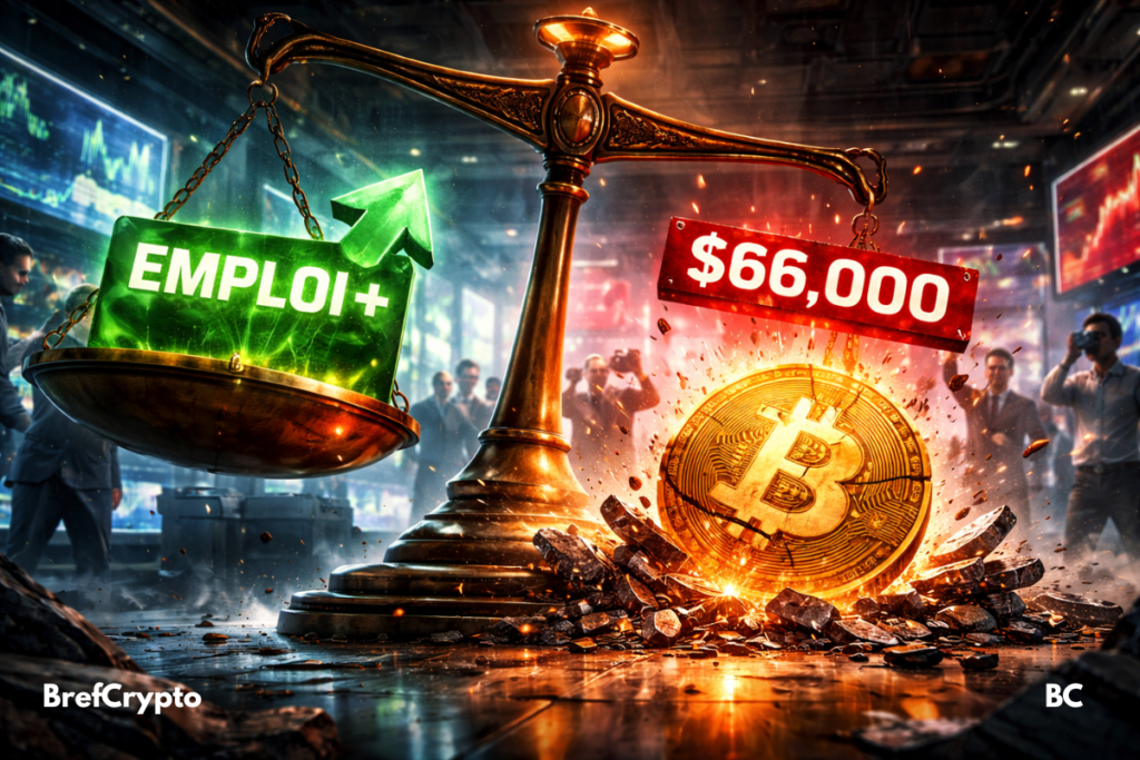 EMPLOI +” tandis qu’un Bitcoin éclaté affiche “$66,000”.
