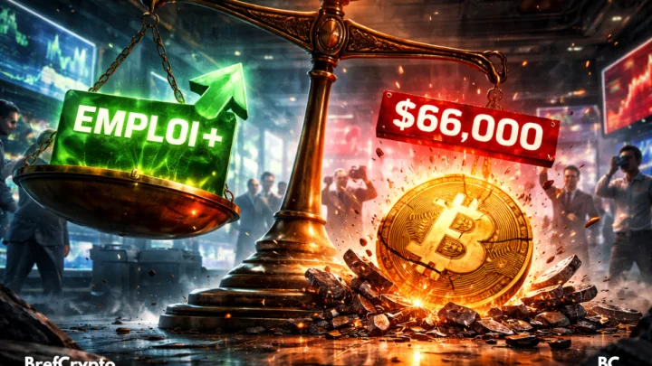 EMPLOI +” tandis qu’un Bitcoin éclaté affiche “$66,000”.