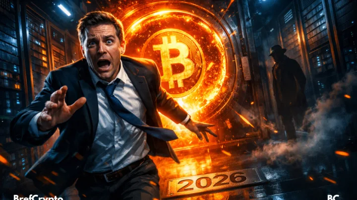 Banquier paniqué courant dans un datacenter, portail Bitcoin orange derrière, 2026.