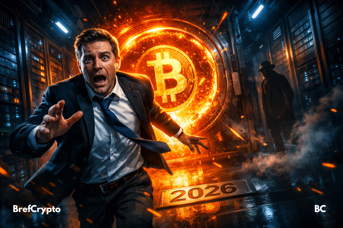 Banquier paniqué courant dans un datacenter, portail Bitcoin orange derrière, 2026.