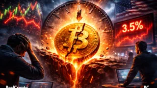 crypto bitcoin fissuré devant une horloge géante.
