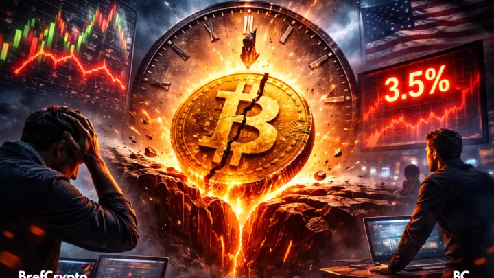 crypto bitcoin fissuré devant une horloge géante.