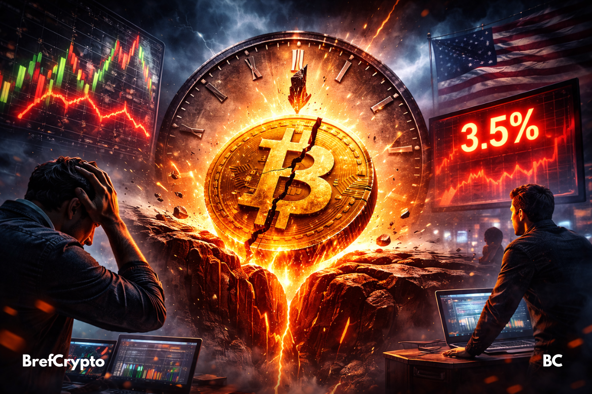 crypto bitcoin fissuré devant une horloge géante.