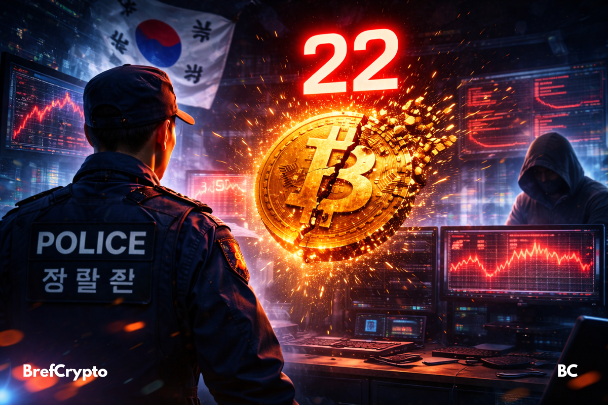 un Bitcoin fissuré avec le chiffre 22 en rouge.