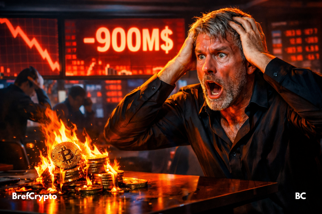 Homme en détresse devant des écrans rouges affichant "-900M$" et bitcoin en feu.