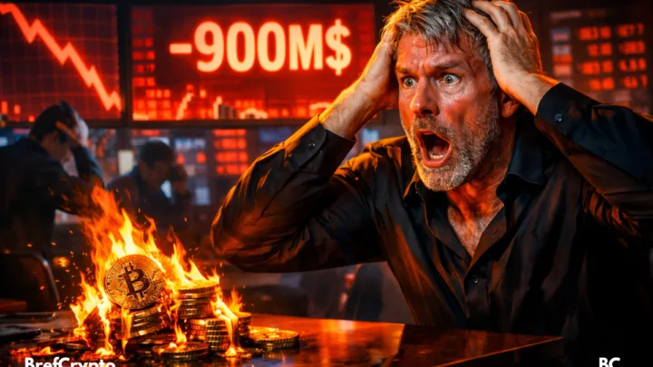 Homme en détresse devant des écrans rouges affichant "-900M$" et bitcoin en feu.