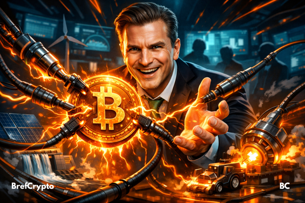 CEO souriant présente un Bitcoin incandescent, câbles d’énergie orange reliés à solaire, éolienne, barrage, salle de contrôle secrète.