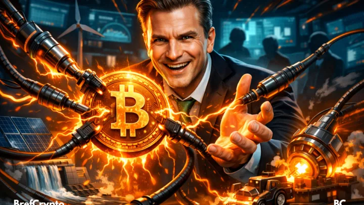CEO souriant présente un Bitcoin incandescent, câbles d’énergie orange reliés à solaire, éolienne, barrage, salle de contrôle secrète.